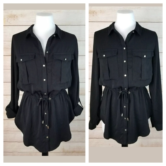 Dynamite Tops - Dynamite Black Peplum Button-Down Blouse Epaulets